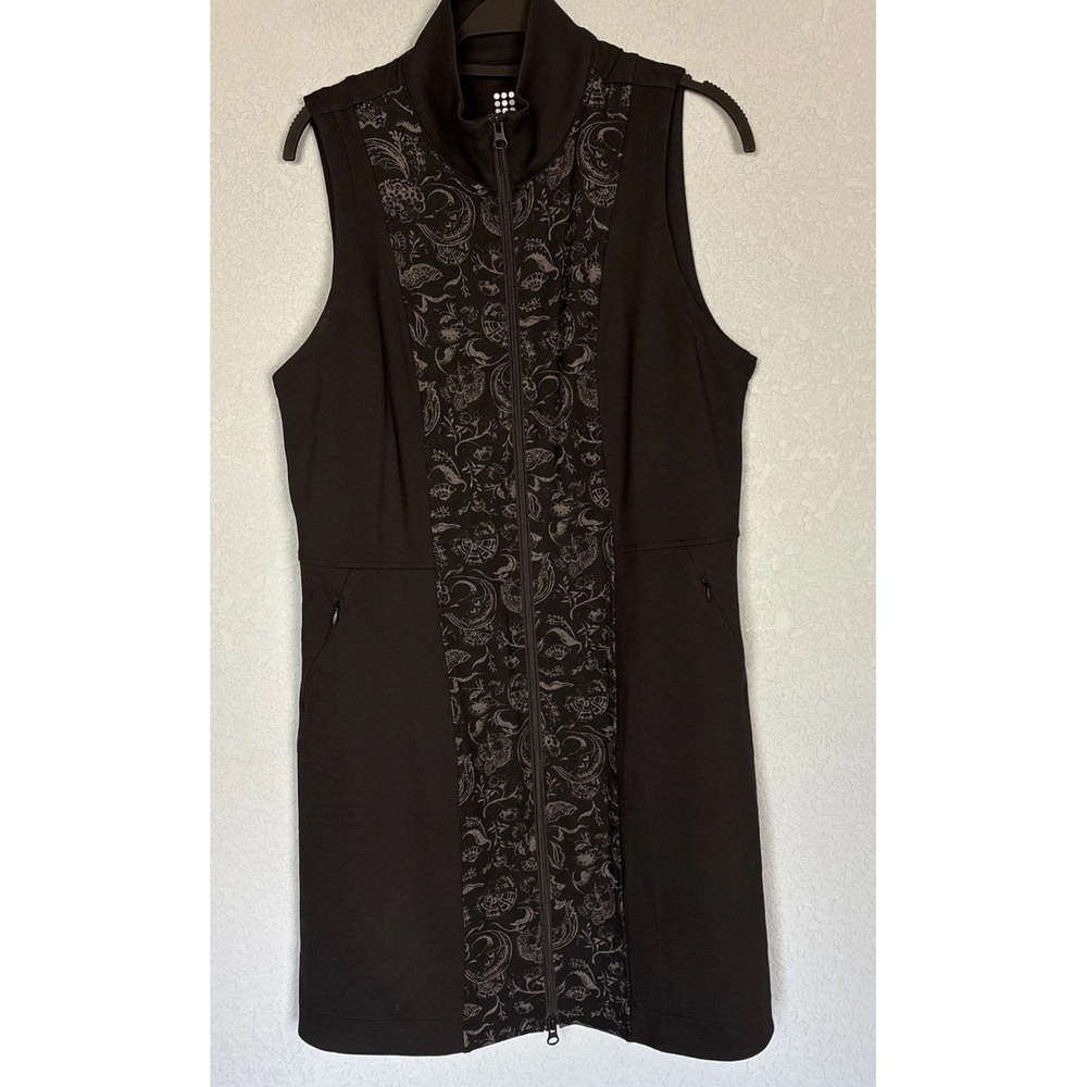 Title Nine Passport Ponte Full Zip Dress XL Sleeveless Mock Neck Black Botanical